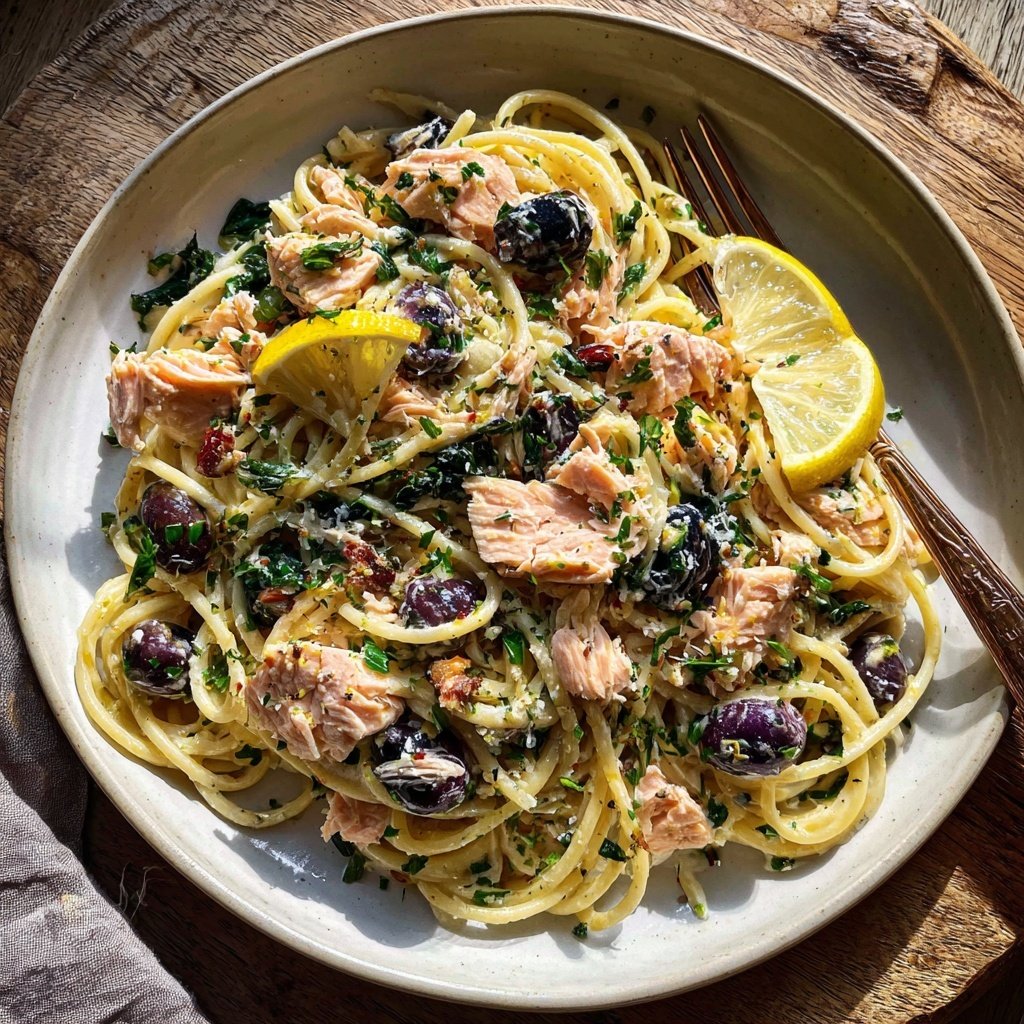 Lemon Salmon Pasta with Olives